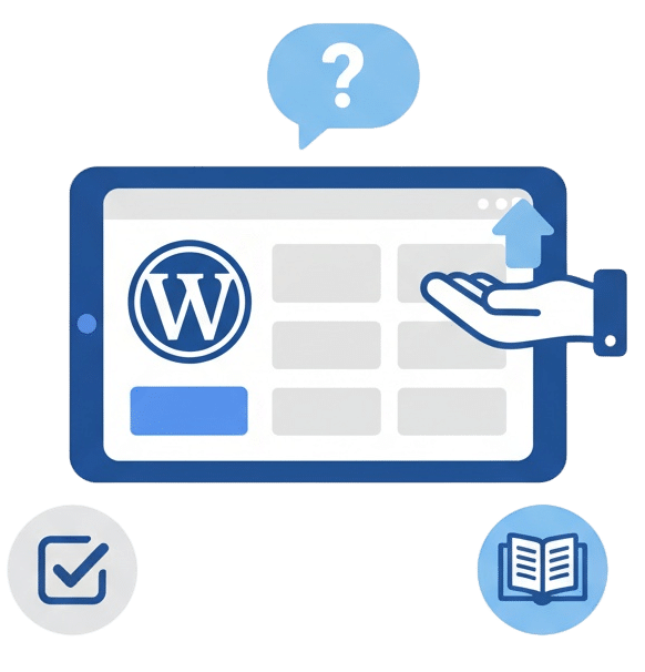 Vad är WordPress, illustrationer över en hemsida med klart-icon, frågetecken-icon, support-hand