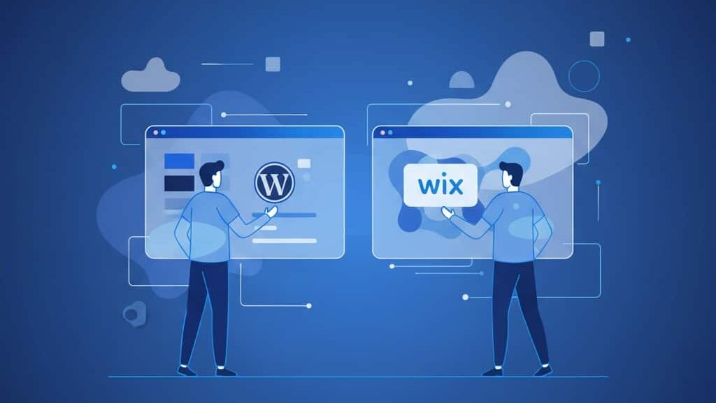 Illustration över WordPress och Wix med två olika personer