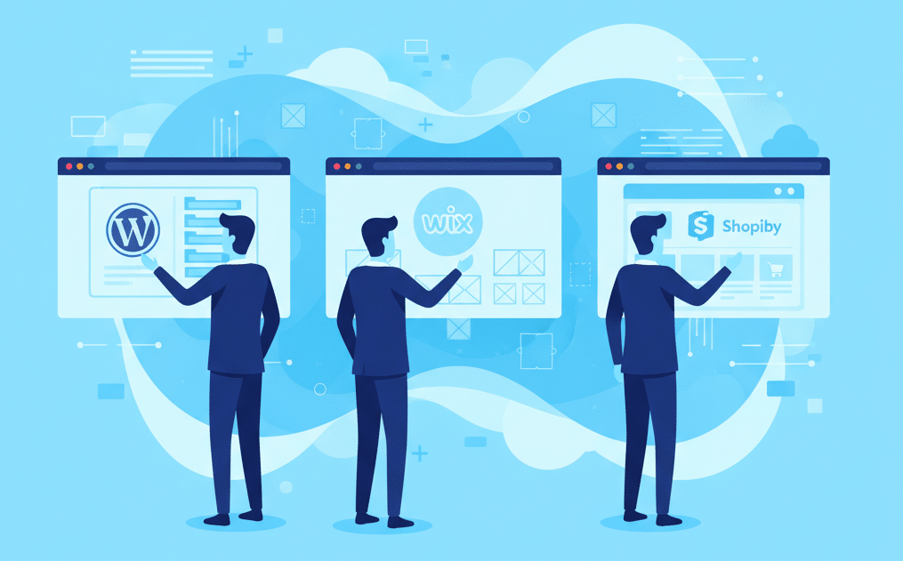 Illustration tre personer, jämför WordPress, Wix och Shopify webbplatser